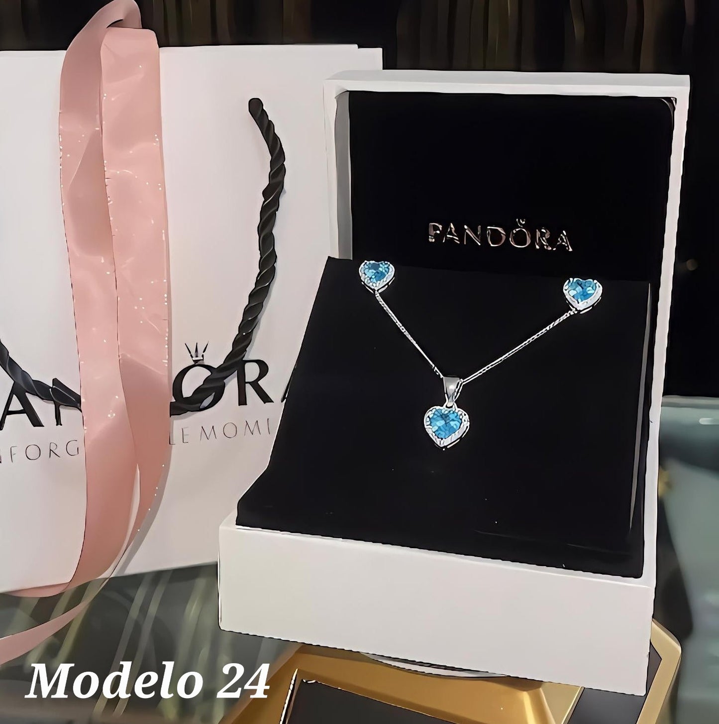 Sets de cadena y arete de corazon azul claro sin anillo Modelo 24