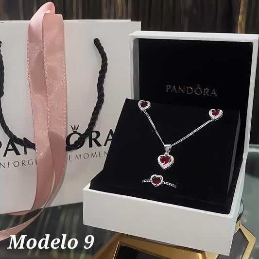 Sets Pandora Rojo de cadena, arete y anillo Modelo 9