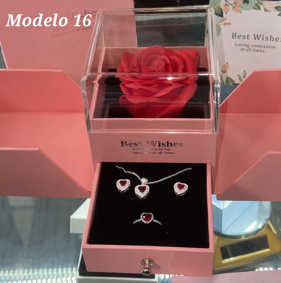 Sest con caja de flor roja y caja rosada  cadena, aretes y anillo modelo 16