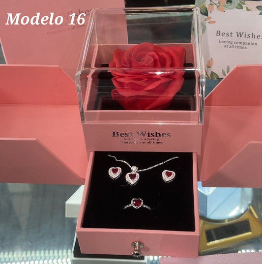 Sest con caja de flor roja y caja rosada  cadena, aretes y anillo modelo 16