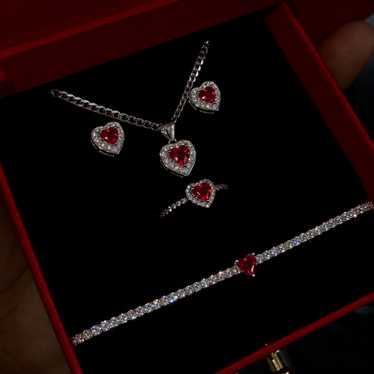 Sets rojo completo con caja roja de cadena, arete, guillo y anillo Modelo 43