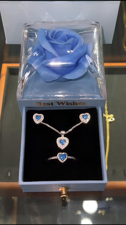 Sets azul de cadena, arete y anillo