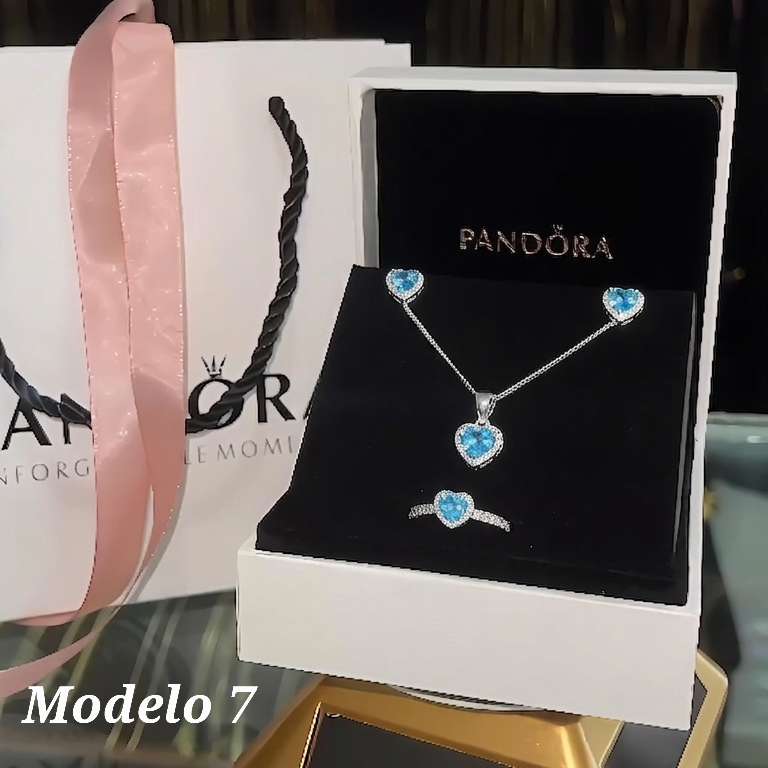 Sets Pandora azul claro de cadena, arete y anillo modelo 7