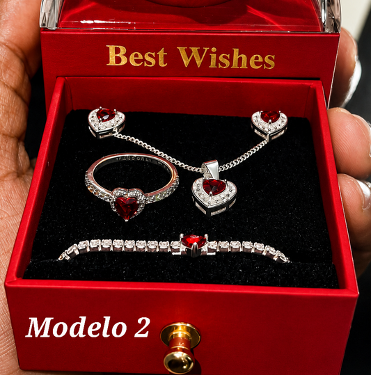 Sets rojo completo con flor roja de cadena, arete, guillo y anillo modelo 2