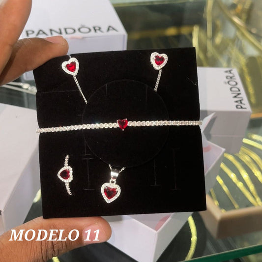 Sets rojo de cadena, guillo, arete y anillo Modelo 11