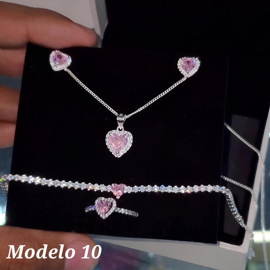 Sets de cadena, guillo, arete y anillo color rosado Modelo 10