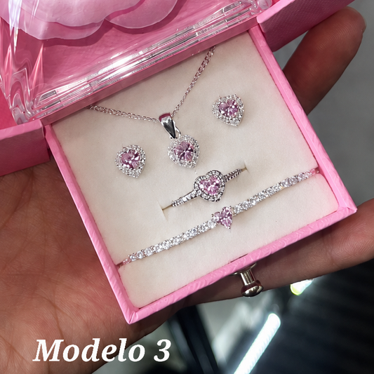 Sets rosado completo con flor rosada de cadena, arete, guillo y anillo Modelo 3