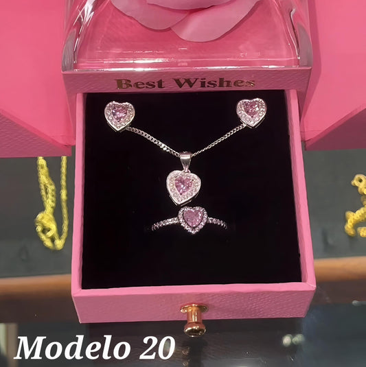 Sets de cadena, arete y anillo color rosado más caja de flor rosada Modelo 20