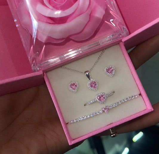 Sets rosado completo con flor rosada de cadena, arete, guillo y anillo Modelo 3